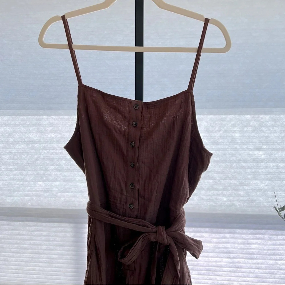 Sanctuary Square Neck Cotton Gauze Tie Waist Front Jumpsuit Hazelnut Brown Large - Picture 2 of 5
